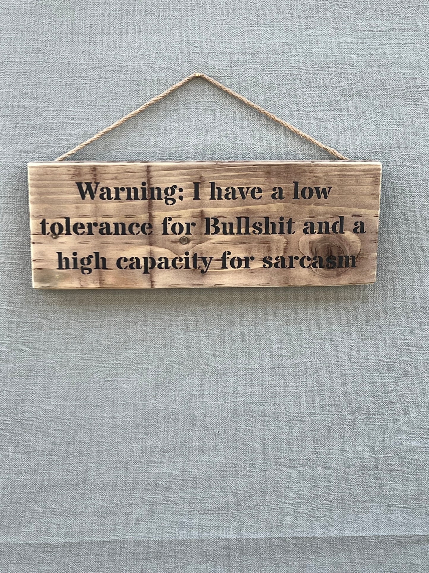 Handmade wooden sign - Warning: I have a low tolerance for Bullshit and a high capacity for sarcasm