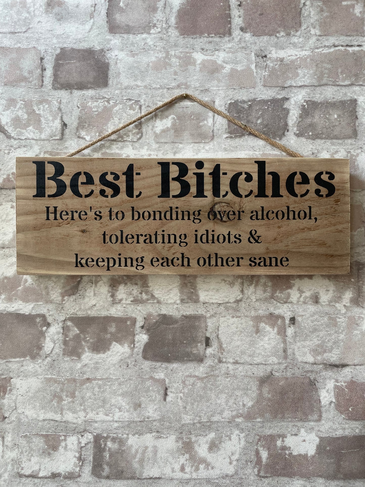 Handmade wooden sign (Best Bitches here's to bonding over alcohol, tolerating idiots and keeping each other sane)