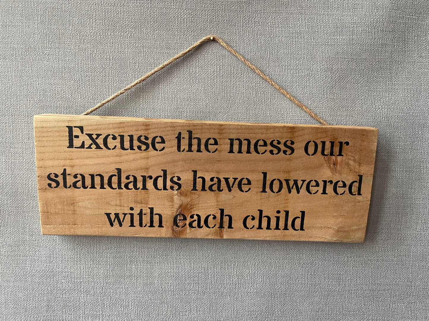 Handmade wooden sign - (Excuse the mess our standards have lowered with each child)