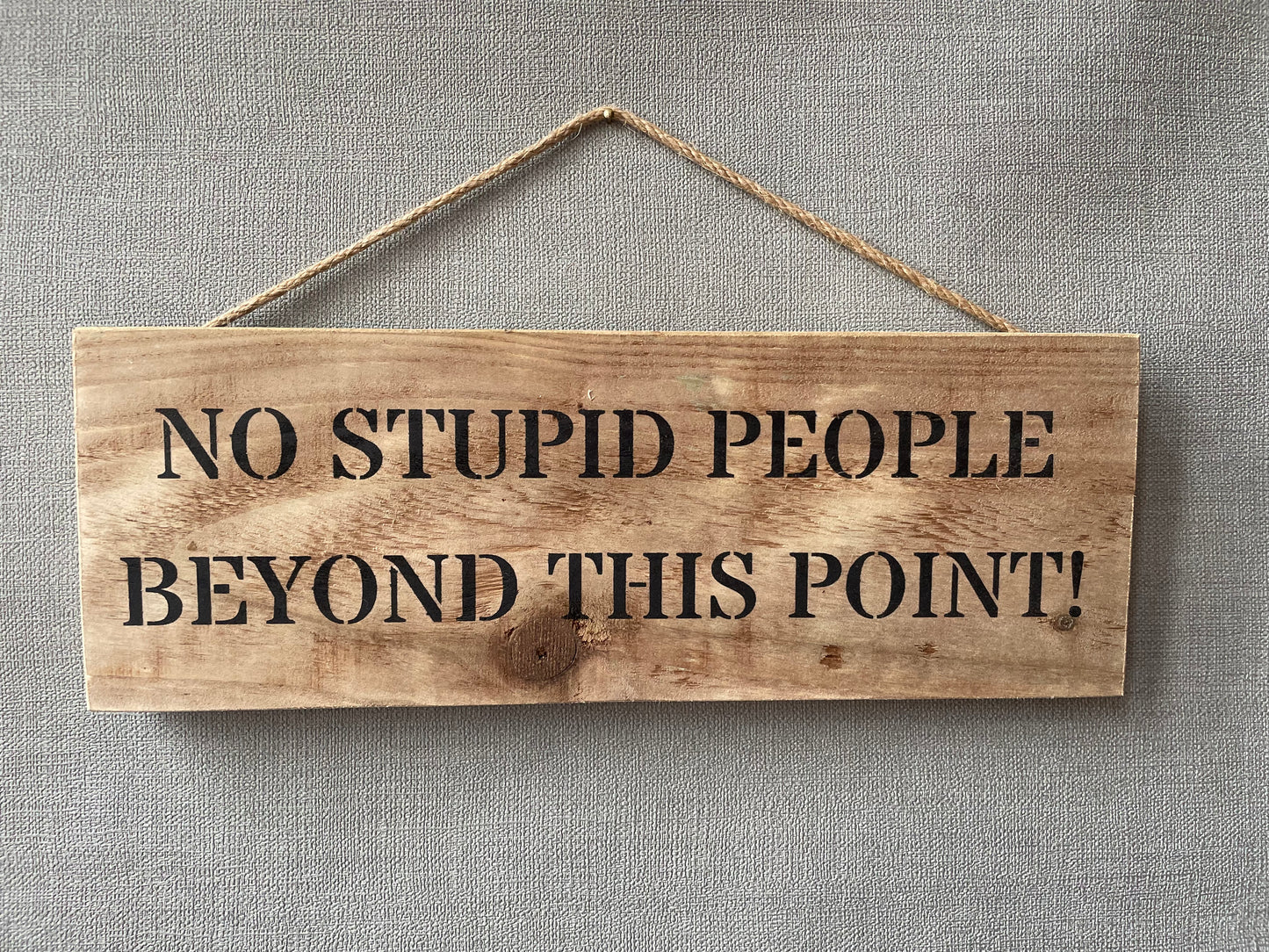 Handmade wooden sign - (NO STUPID PEOPLE BEYOND THIS POINT!)