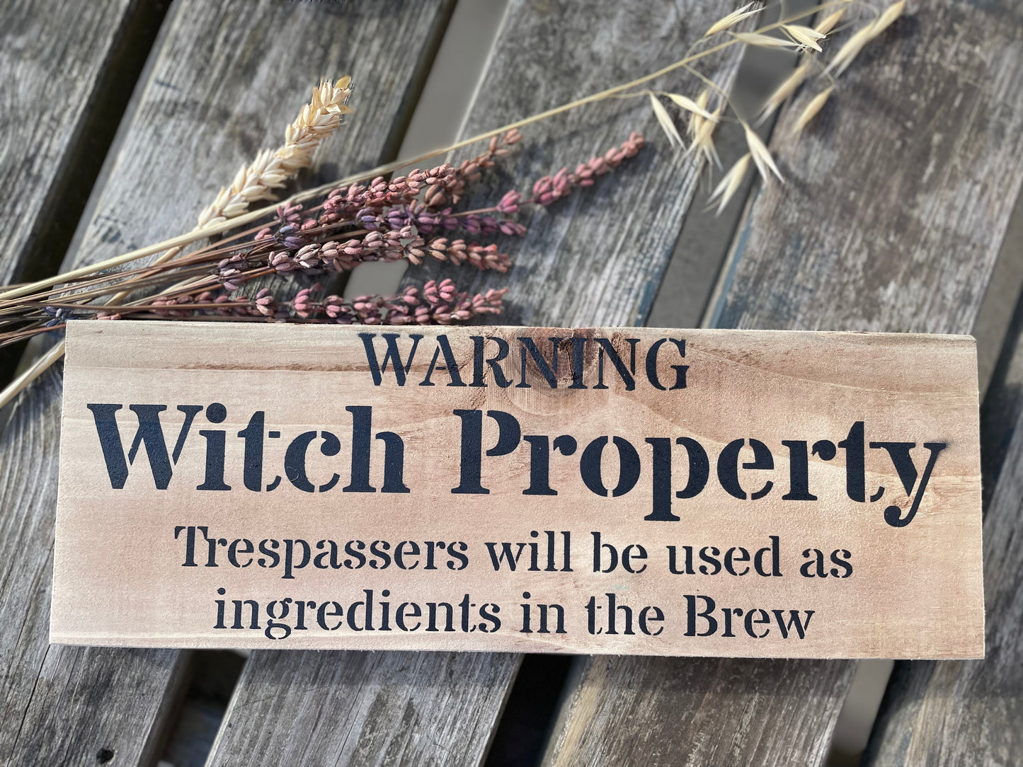 Handmade wooden sign (Warning witch property trespassers will be used as ingredients in the brew)