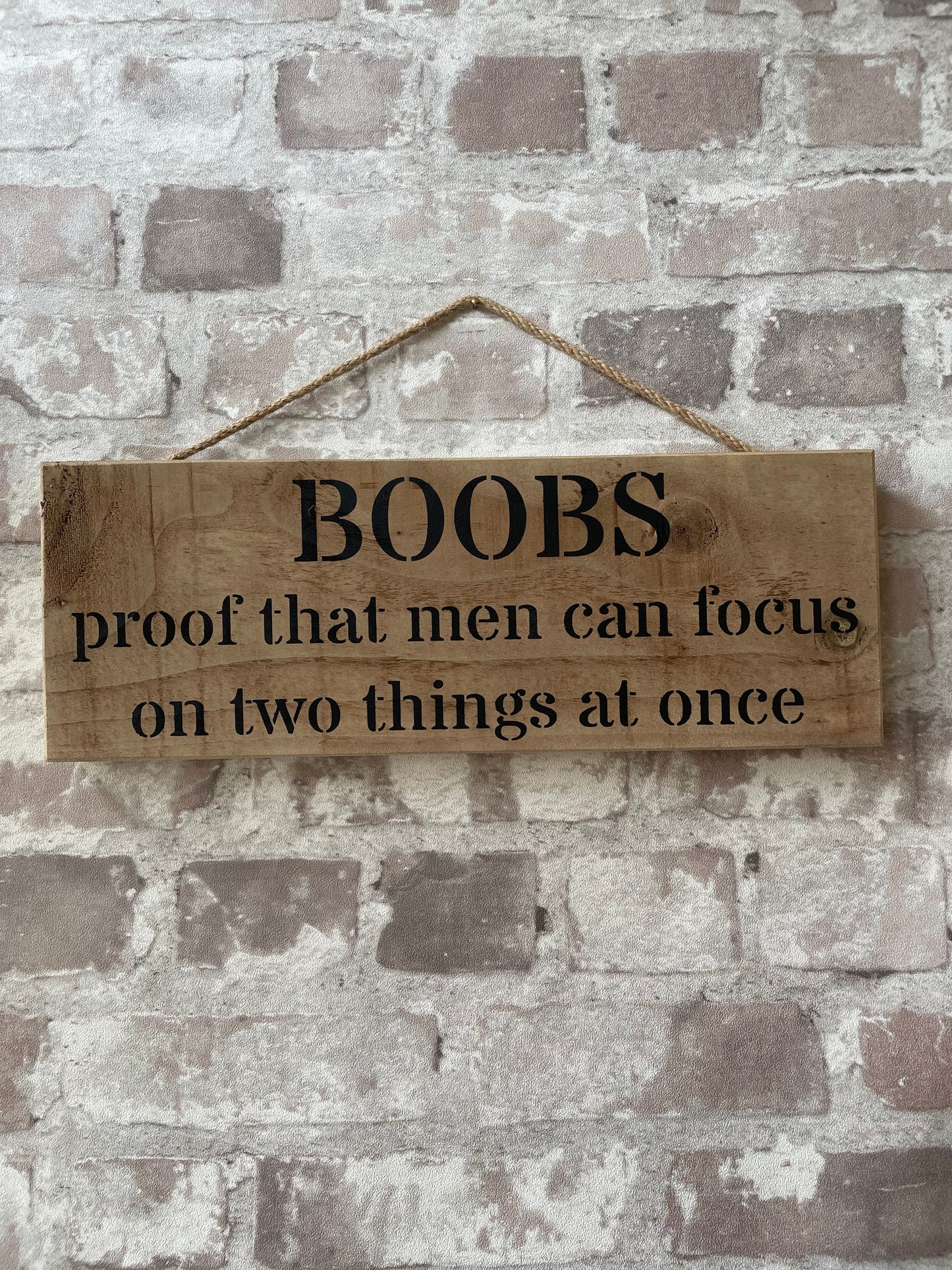 Handmade wooden sign (BOOBS proof that men can focus on two things at once)