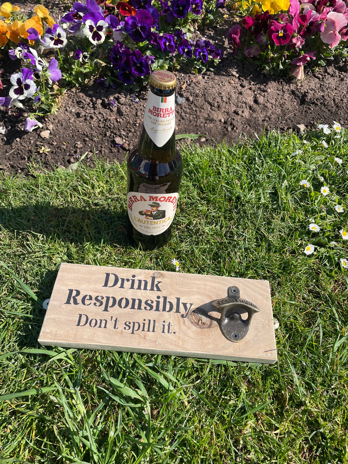 Rustic hardwearing wooden beer bottle opener - Drink Responsibly Don't spill it