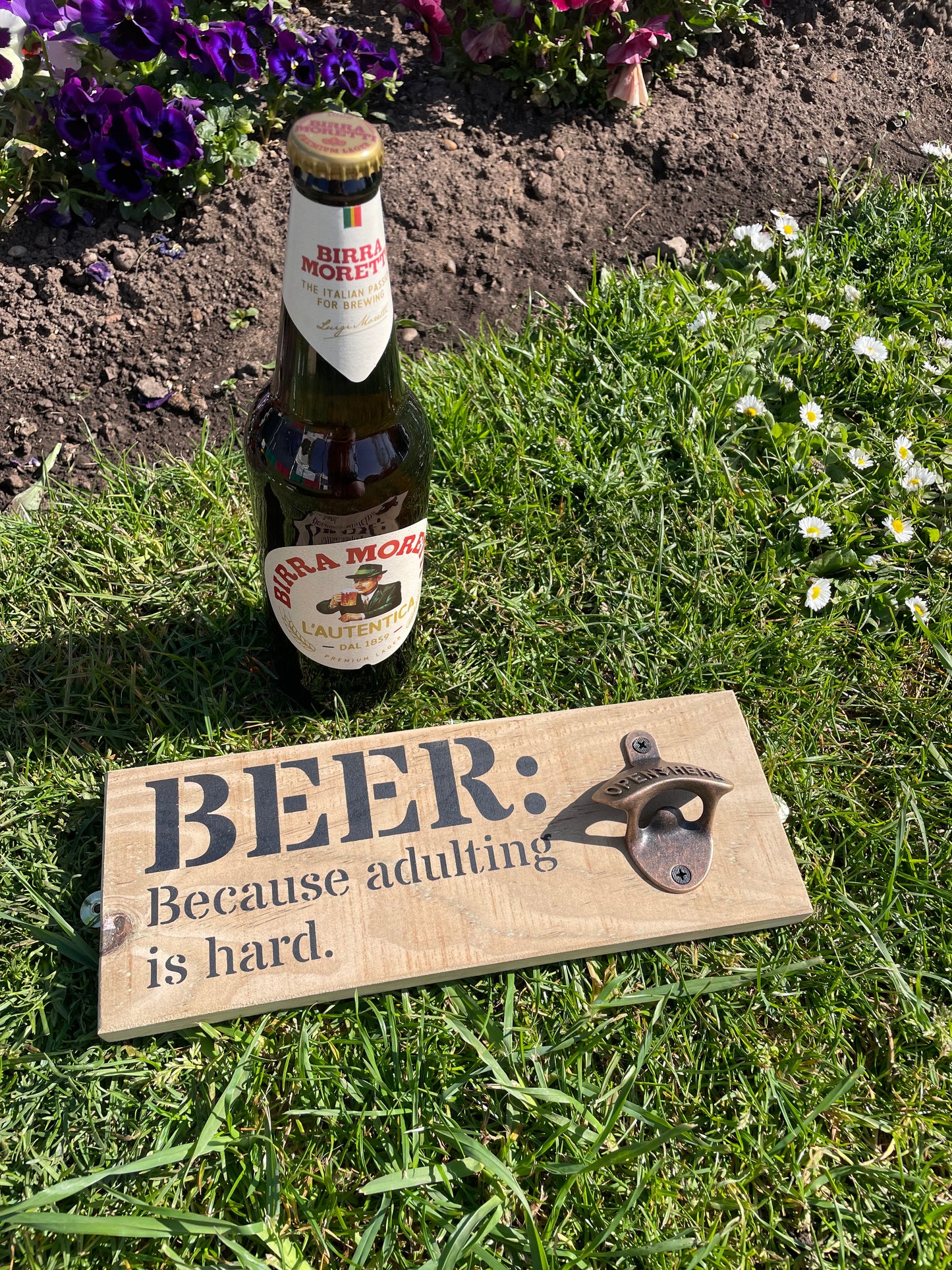 Rustic hardwearing wooden beer bottle opener - BEER: Because adulting is hard.