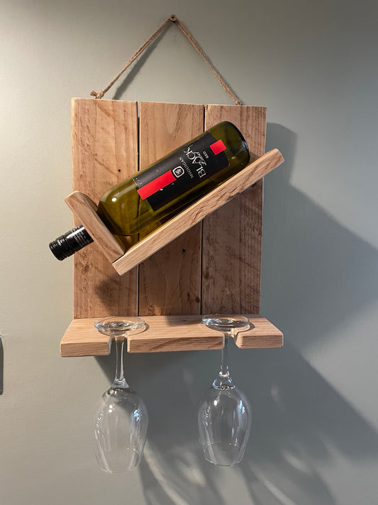 Handmade rustic wooden wine bottle and glasses holder