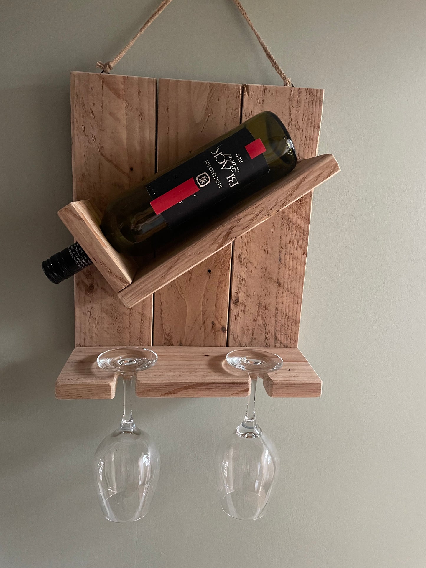 Handmade rustic wooden wine bottle and glasses holder