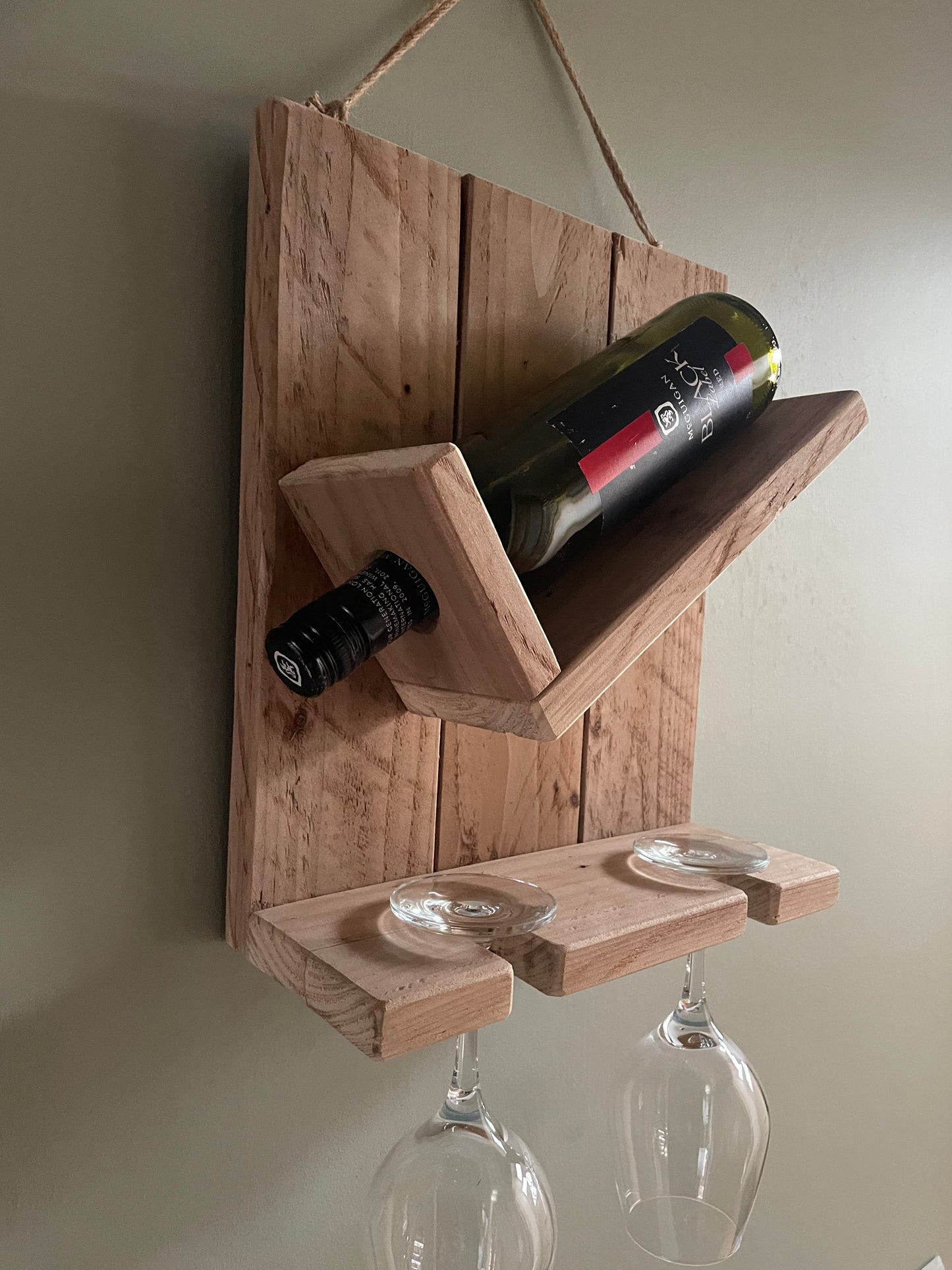 Handmade rustic wooden wine bottle and glasses holder