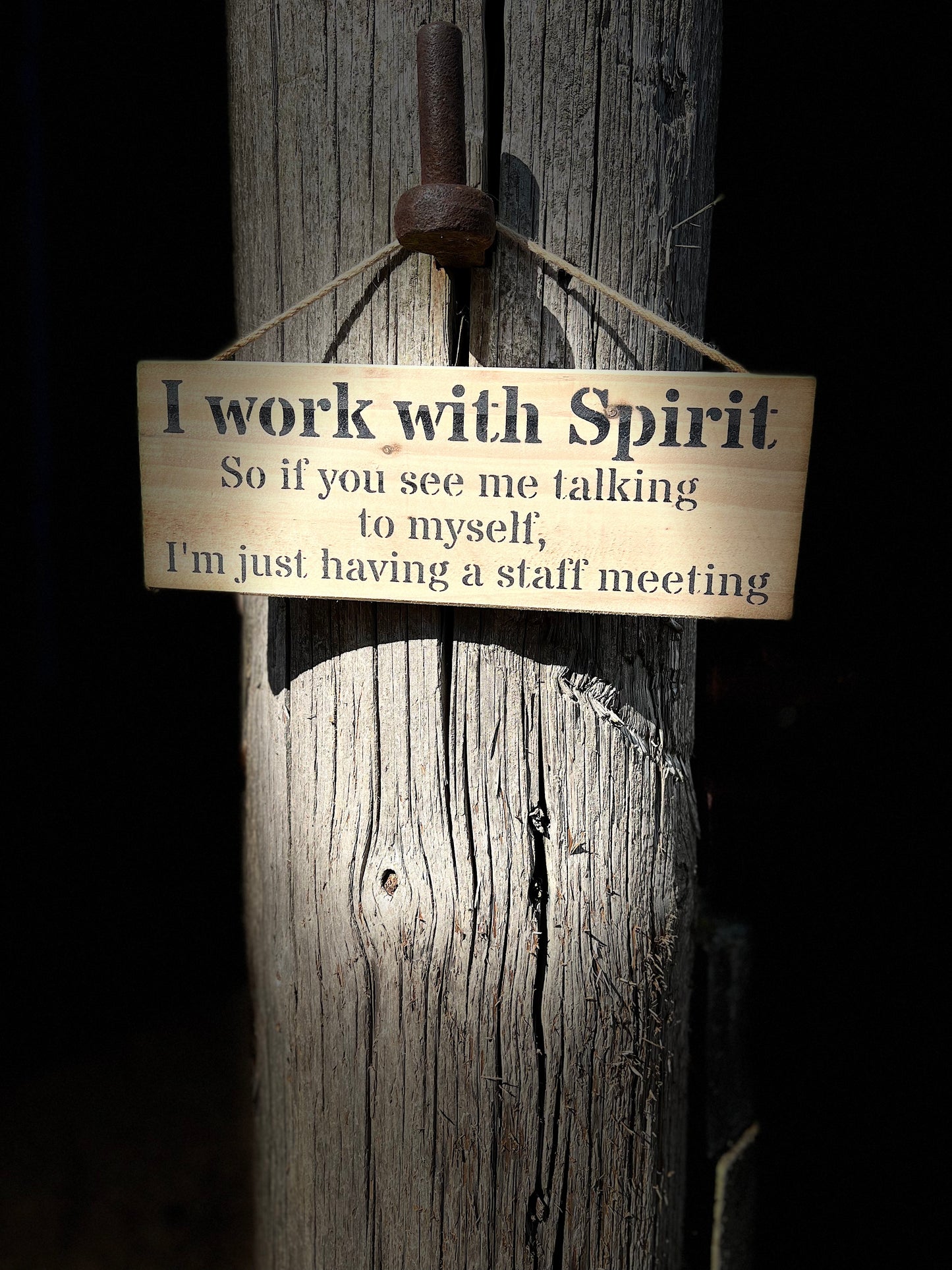 Handmade wooden sign - (I work with spirit so if you see me talking to myself, I'm just having a staff meeting)