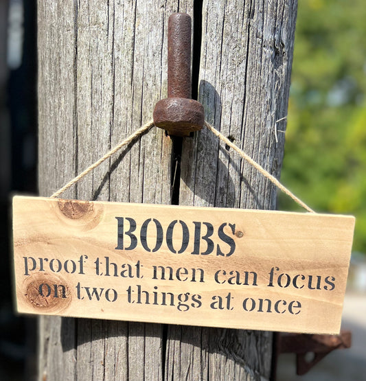 Handmade wooden sign (BOOBS proof that men can focus on two things at once)