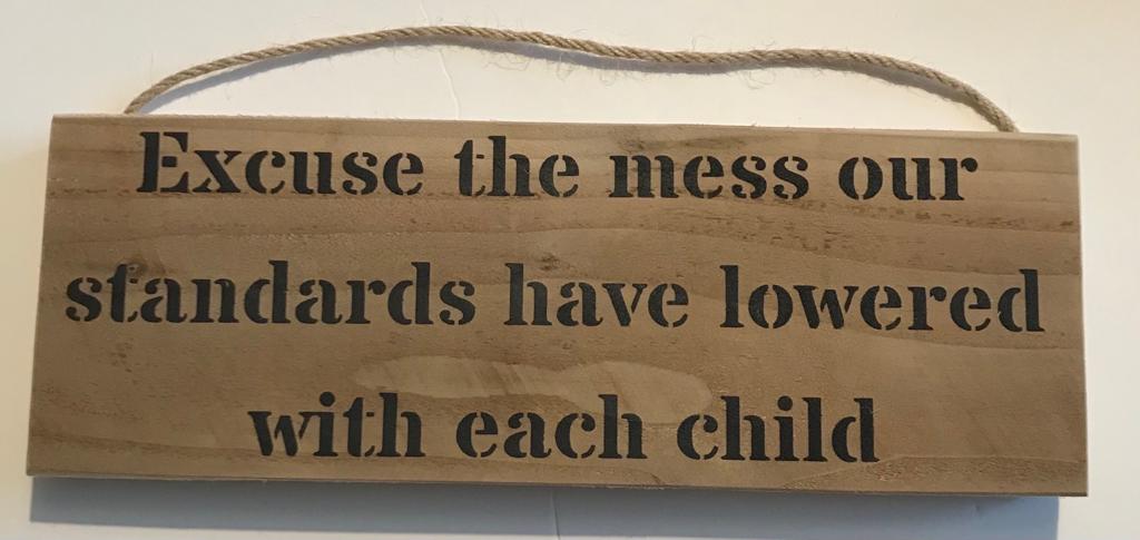 Handmade wooden sign - (Excuse the mess our standards have lowered with each child)