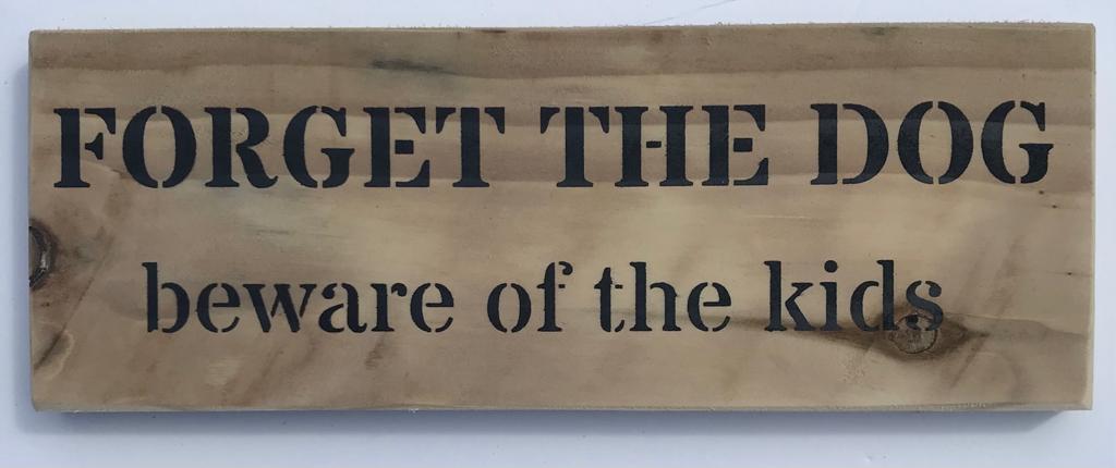 Handmade wooden sign - (FORGET THE DOG beware of the kids)