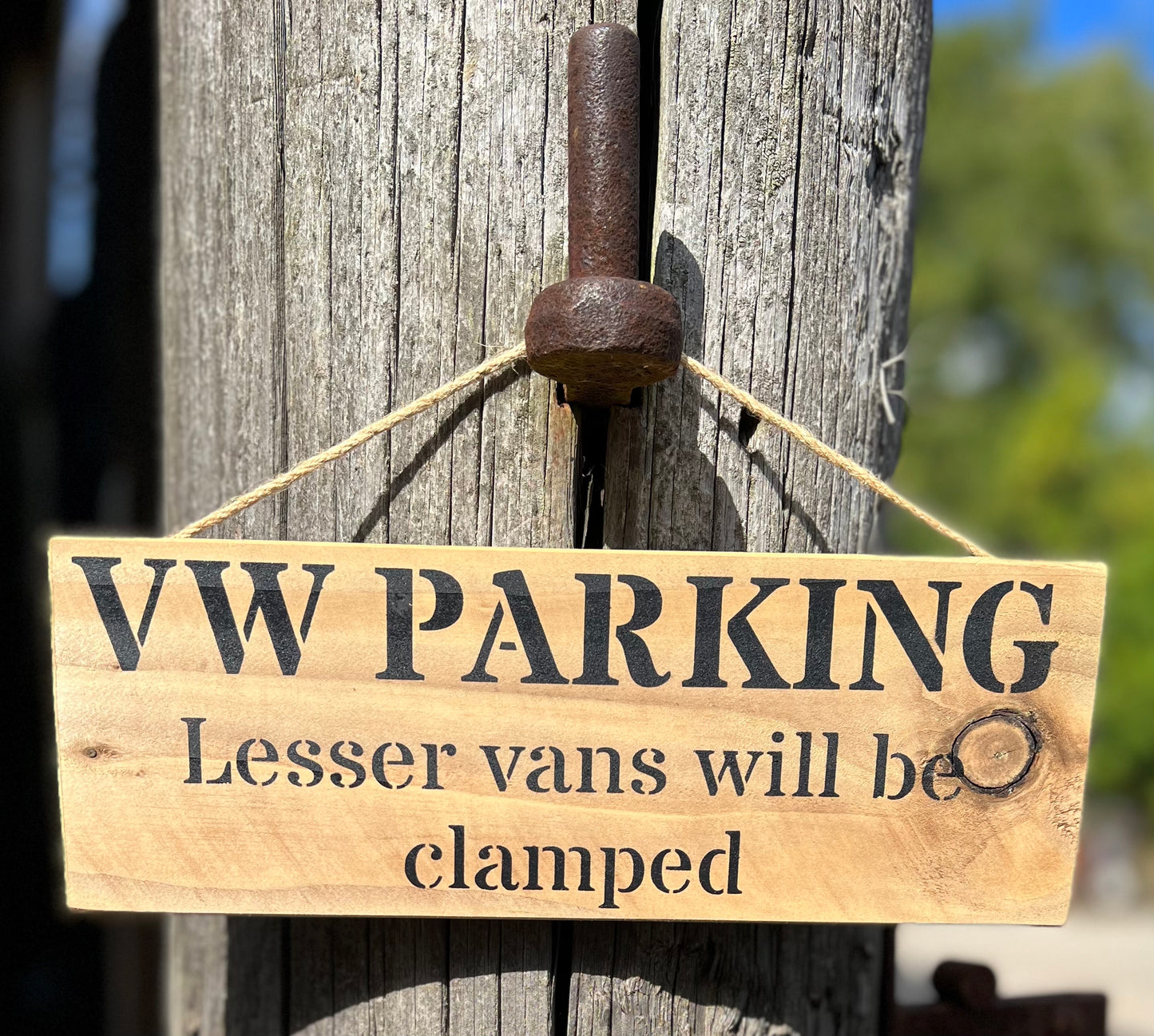 Handmade wooden sign - (VW PARKING Lesser vans will be clamped)